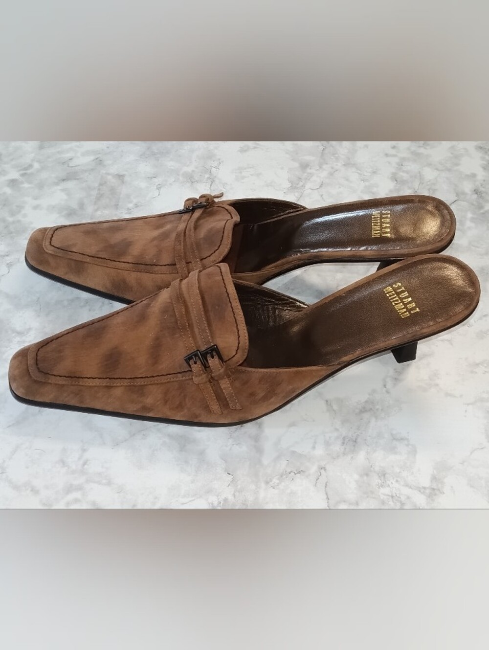 Stuart Weitzman Brown Kitten Heel Pointed Toe Slip-On Mules Buckle Women's 11